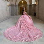Rosa Off Schulter Ballkleid Quinceanera Kleider 3D Applikationen Korsett Kleid Y6791
