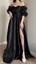 Elegante vestido de fiesta negro con escote en forma de corazón, hombros descubiertos, mangas abullonadas y abertura, vestido de noche largo Y8283