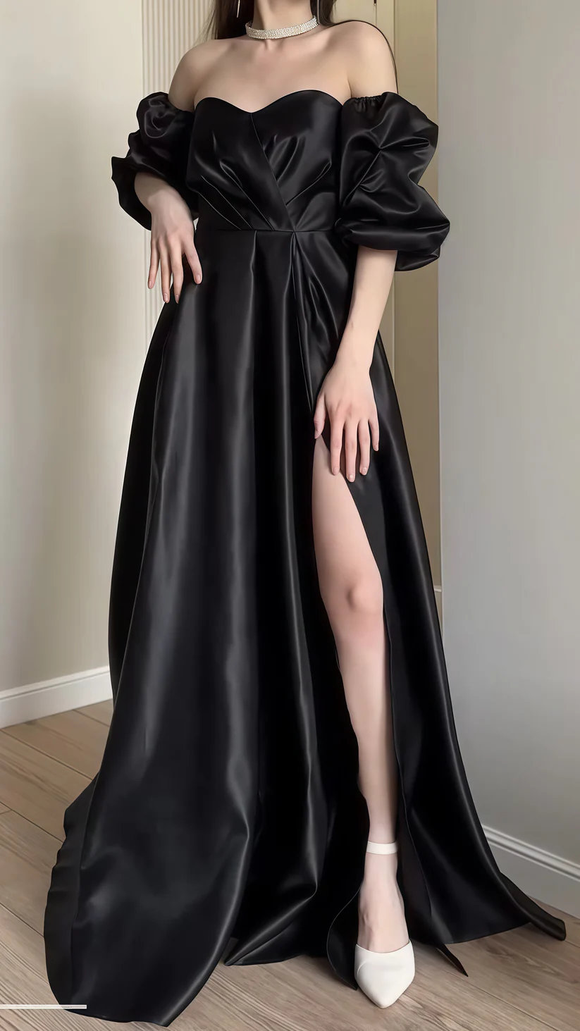 Elegante vestido de fiesta negro con escote en forma de corazón, hombros descubiertos, mangas abullonadas y abertura, vestido de noche largo Y8283