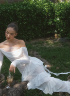 Vestido de noche elegante de gasa con encaje y volantes, vestido de novia blanco Y8082