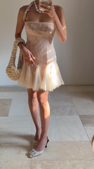 Vestido corto de fiesta con cuello halter, encaje y tul, Y8502