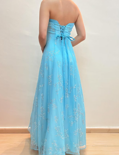 Glänzendes trägerloses Pailletten-Abendkleid in Blau mit A-Linie Y8140