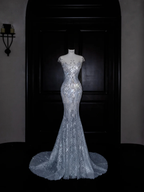 Wunderschönes Meerjungfrau Abendkleid mit Pailletten und Perlen in Blau, Tüll, Ballkleid Y8690