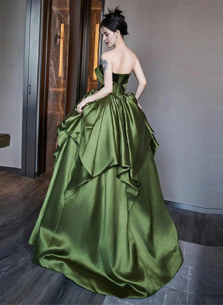 Wunderschönes gerafftes, mehrlagiges Ballkleid in A-Linie aus grünem Satin, langes Ballkleid, Abendkleid Y7995