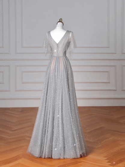 Glitzerndes graues Tüll-Pailletten-A-Linien-Ballkleid, sexy V-Ausschnitt, Abendkleid Y8638