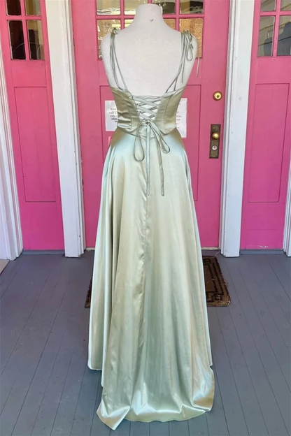 Langes Ballkleid aus Salbeigrünem Satin mit offenem Rücken und hohem Schlitz, langes, formelles Abendkleid in Salbeigrün für den Abschluss Y207