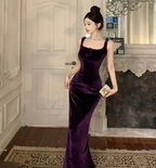 Elegante vestido de fiesta largo de terciopelo morado con hombros descubiertos y abertura Y8131