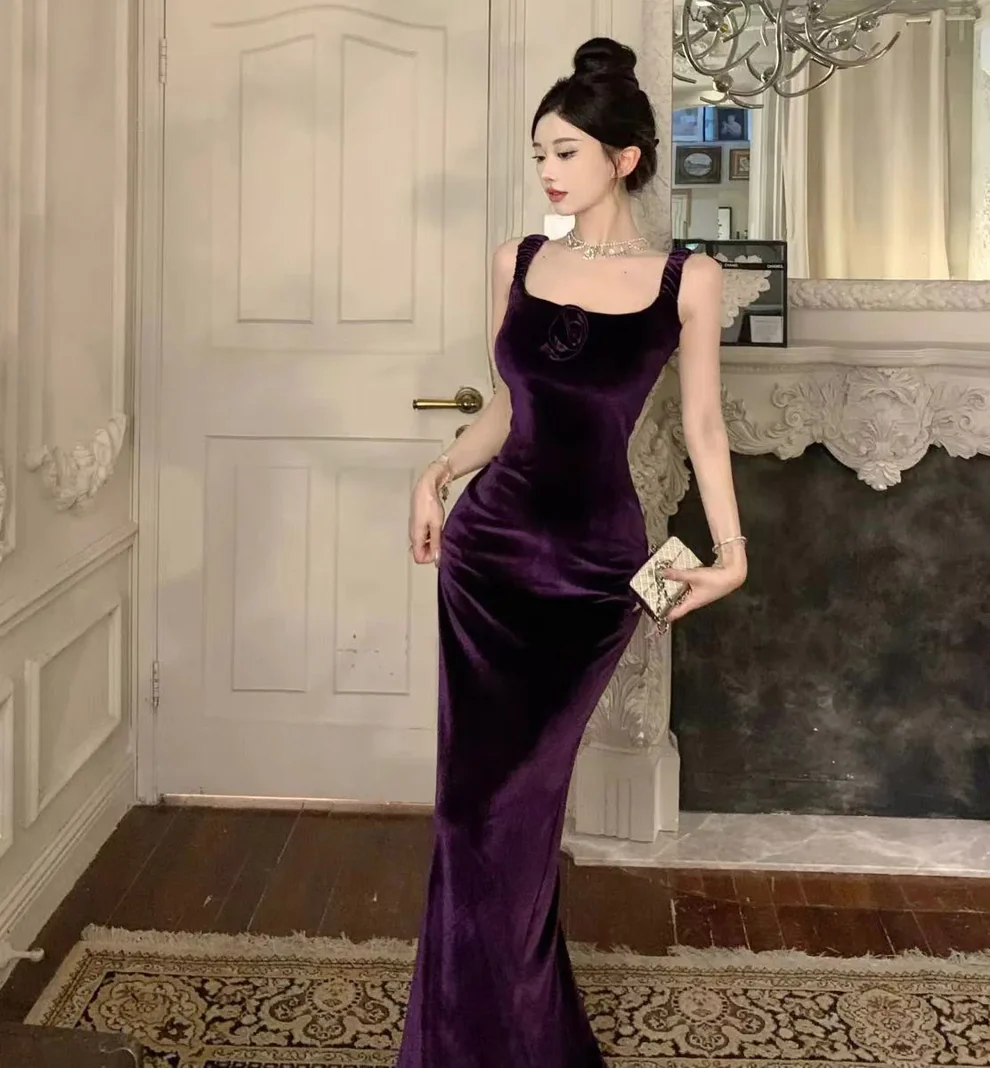 Elegante vestido de fiesta largo de terciopelo morado con hombros descubiertos y abertura Y8131