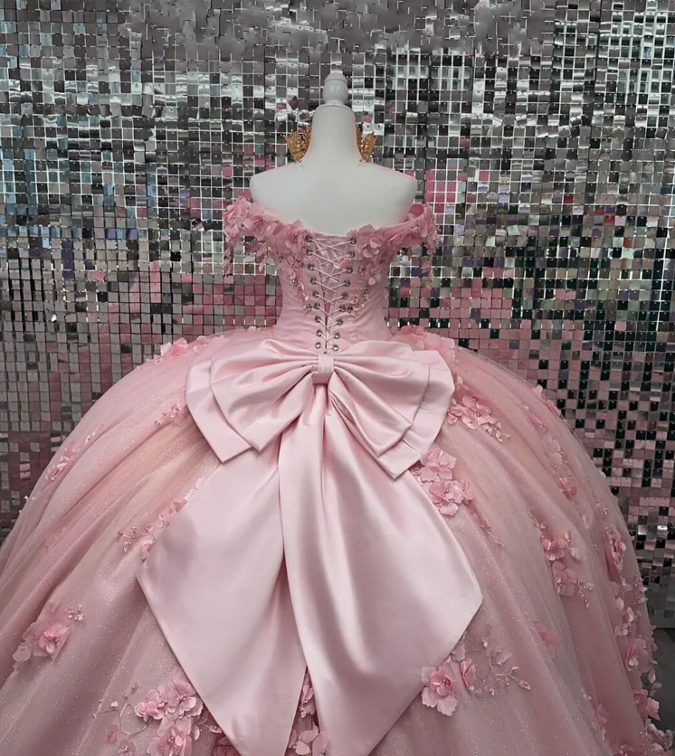 Rosa Off Schulter Ballkleid Quinceanera Kleider 3D Applikationen Korsett Kleid Y6791