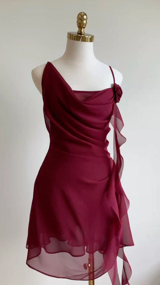 Vestido de fiesta corto de gasa color burdeos, vestido de regreso a casa Y8421