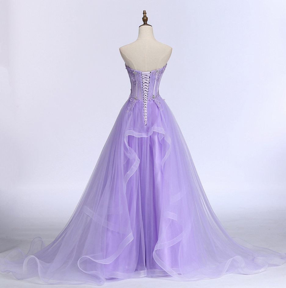 Nuevo vestido de noche largo de encaje morado claro para banquete, elegante vestido de novia sin tirantes, corte en A, vestido formal para fiesta de graduación Y1845