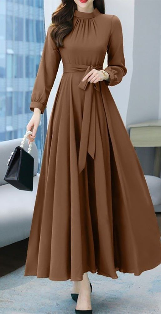 Elegante vestido de noche de corte A con mangas largas y colores puros Y5787