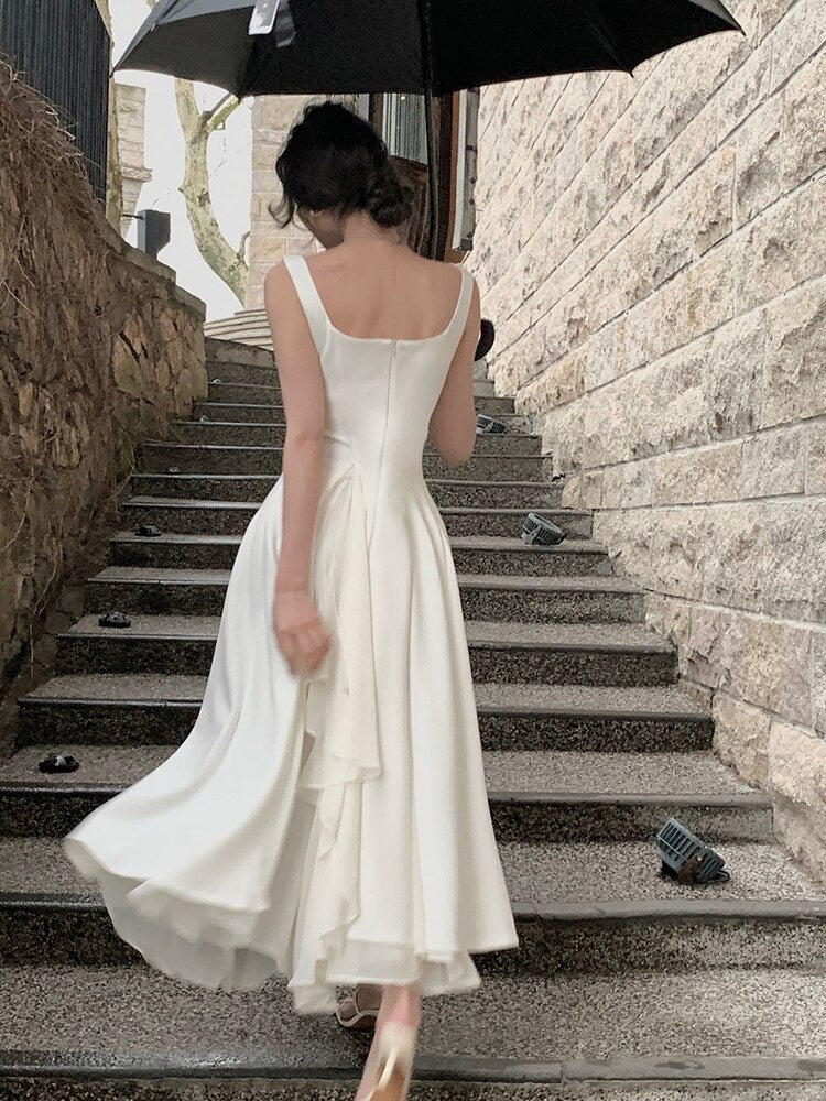 Vestido de noche elegante con escote cuadrado y falda de tirantes blancos franceses, vestido de fiesta de moda Y4486