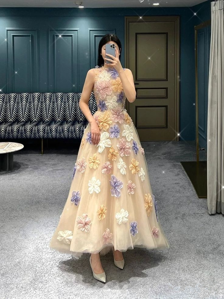 Einzigartiges A-Linien-Tüll-Ballkleid mit Blumen Formales Abendkleid Y2871