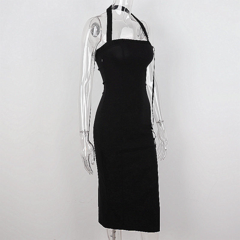 Schwarzes Neckholder-Ballkleid mit Schlitz für Damen, sexy schwarzes ärmelloses Abendkleid Y1161