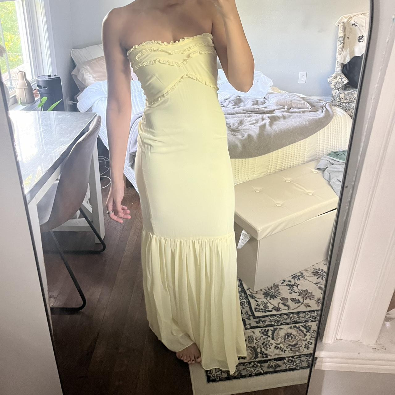Vestido de noche amarillo de gasa con volantes, corte sirena, sin tirantes, Y7896