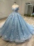 Blaues schulterfreies Ballkleid aus Spitze für Damen Y6764