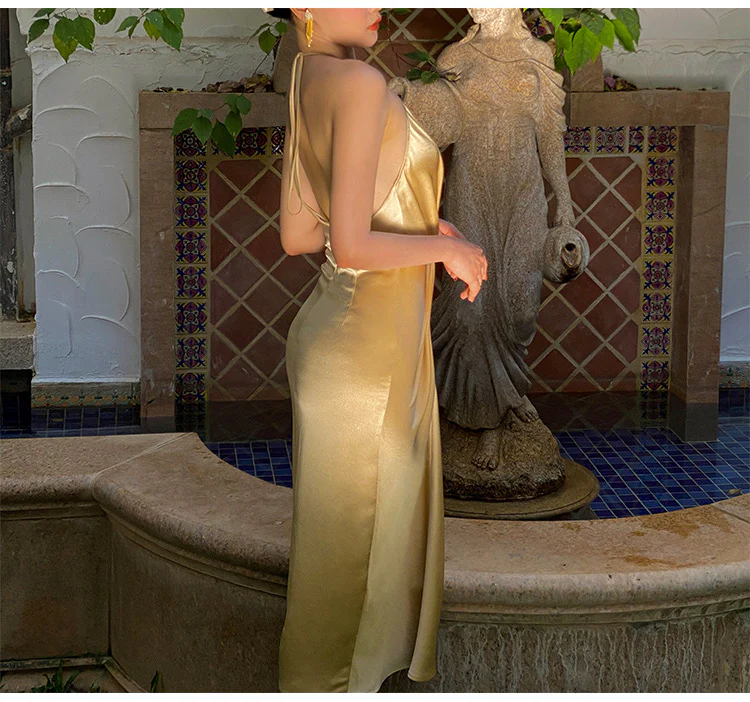 Sexy Neckholder V-Ausschnitt Partykleid Champagner Gold Abschlussball Abendkleid Y8211