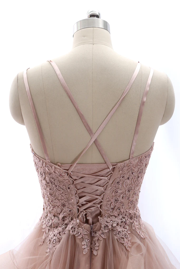 Vestido de fiesta vintage de tul con tirantes finos y encaje Y2584