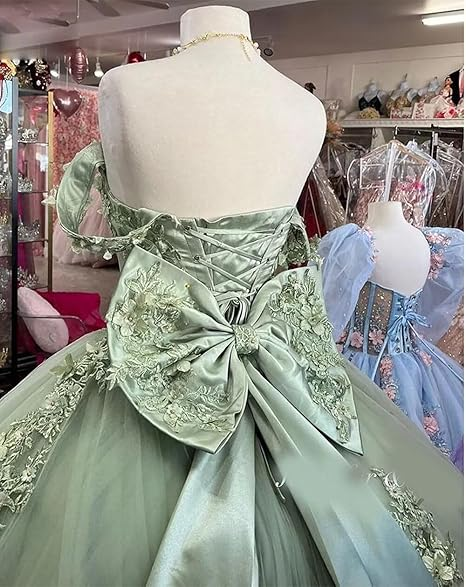 Vestido de quinceañera de tul con encaje y hombros descubiertos, vestido de baile con apliques verde oscuro Y4080