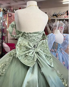 Vestido de quinceañera de tul con encaje y hombros descubiertos, vestido de baile con apliques verde oscuro Y4080