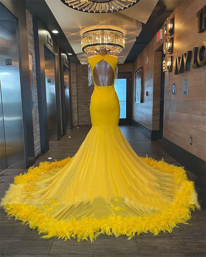 Vestidos de fiesta sexys, vestidos de fiesta amarillos, vestidos de fiesta con plumas, vestidos de fiesta con cristales, vestidos de noche sirena Y546