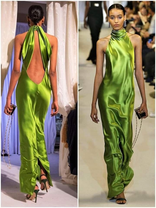 Vestido de fiesta de sirena verde con escote alto y espalda descubierta, vestido de noche Y8490