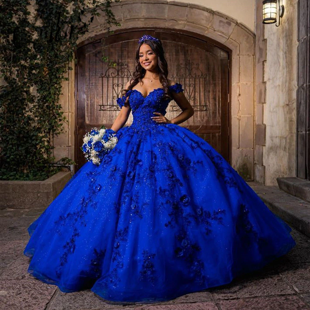 Vestidos de quinceañera azul rey para dulces 15 años, vestido de baile con hombros descubiertos Y2726