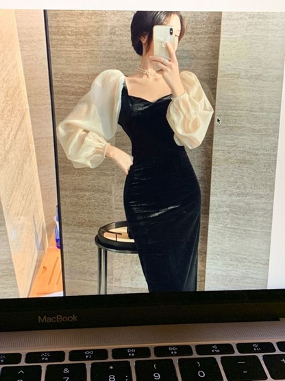 Winter V-Neck Elegant Black Stitching Velvet Dress Female Retro High Waist Puff Sleeves Evening Dress Y5673