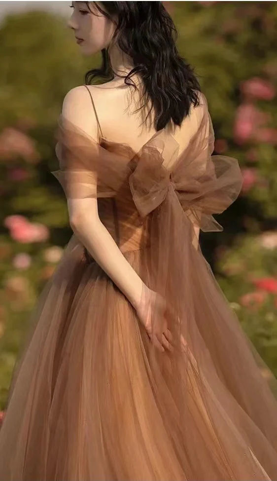 Hermoso vestido formal largo de tul con tirantes finos, corte A, para fiesta y noche, Y4643