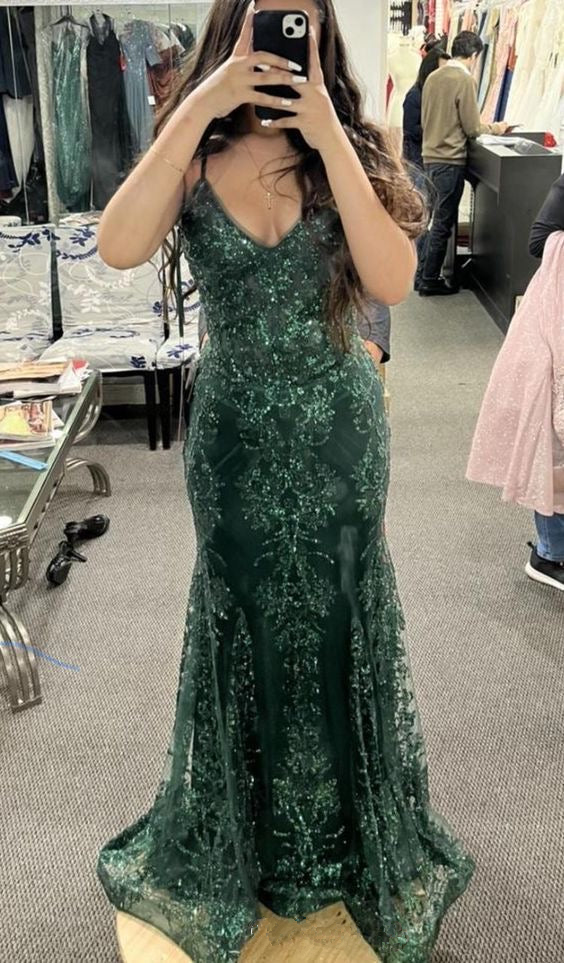 Einzigartige Träger Dunkelgrün Spitze Meerjungfrau Abendkleid Langes Ballkleid Y7878