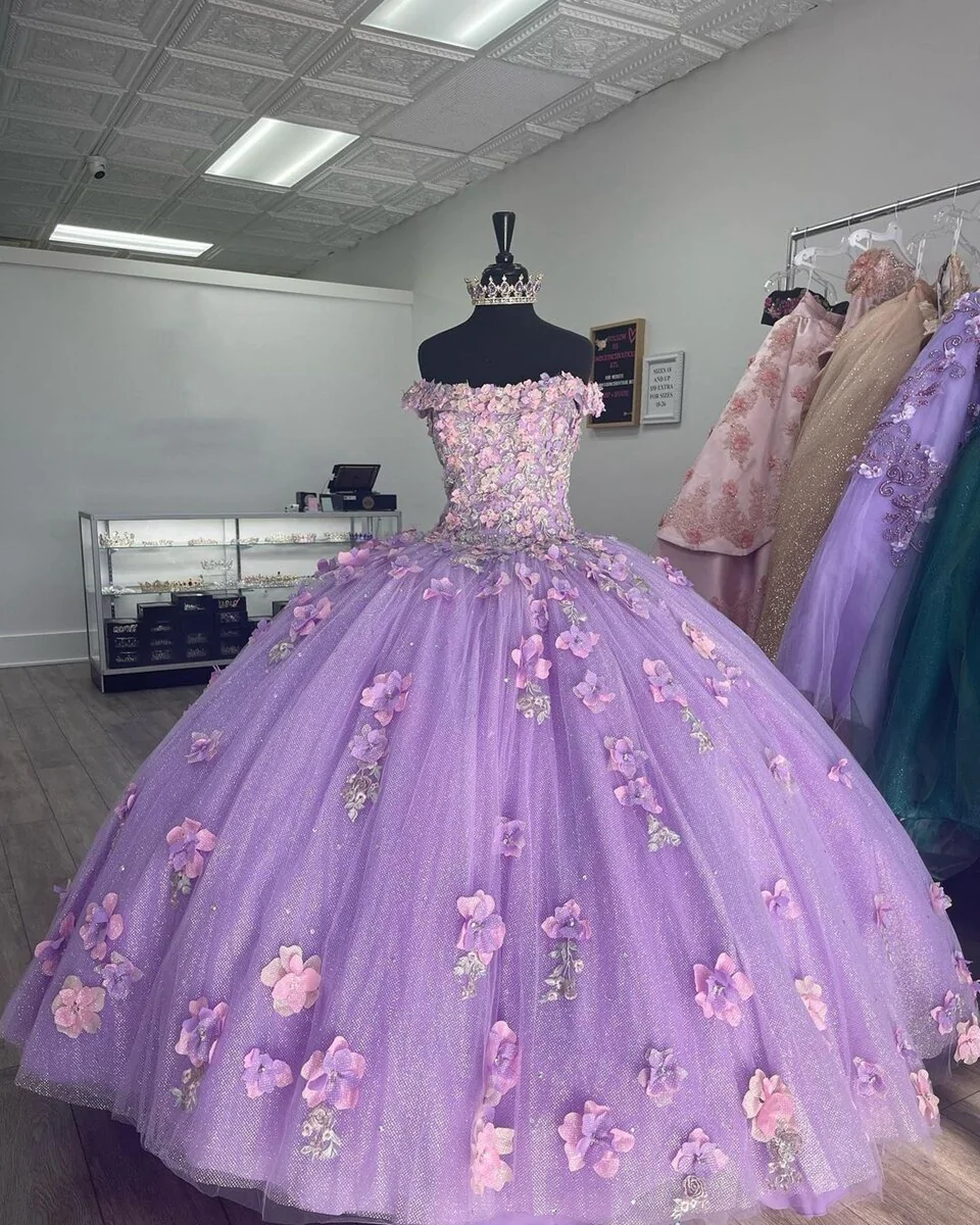 Vestido de princesa con apliques de lavanda, hombros descubiertos, brillante, elegante, de tul, con flores 3D, para fiesta de quince años, Y285