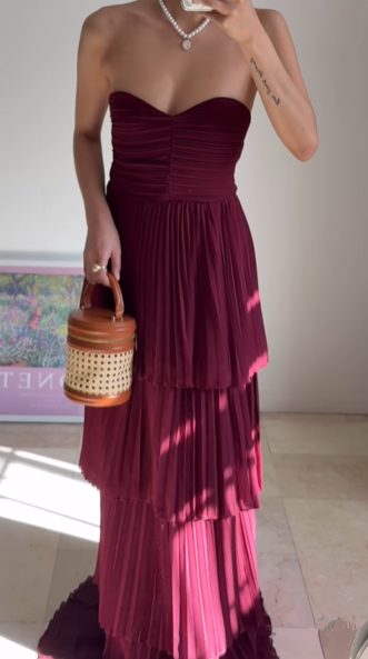 Vestido de noche largo plisado de gasa burdeos sin tirantes, corte A, corte A, Y8503