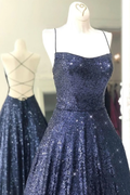 Glitzernde rückenfreie marineblaue lange Ballkleider, offene Rücken lange marineblaue formelle Abendkleider Y875