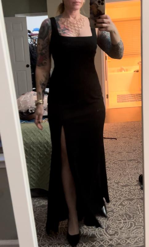 Schlichtes, langes Abendkleid aus weißem Satin mit quadratischem Ausschnitt und seitlichem Schlitz, formelles Ballkleid Y8455