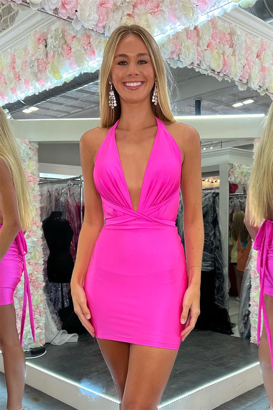 Vestido de fiesta de satén con escote halter y escote en V pronunciado Y2867
