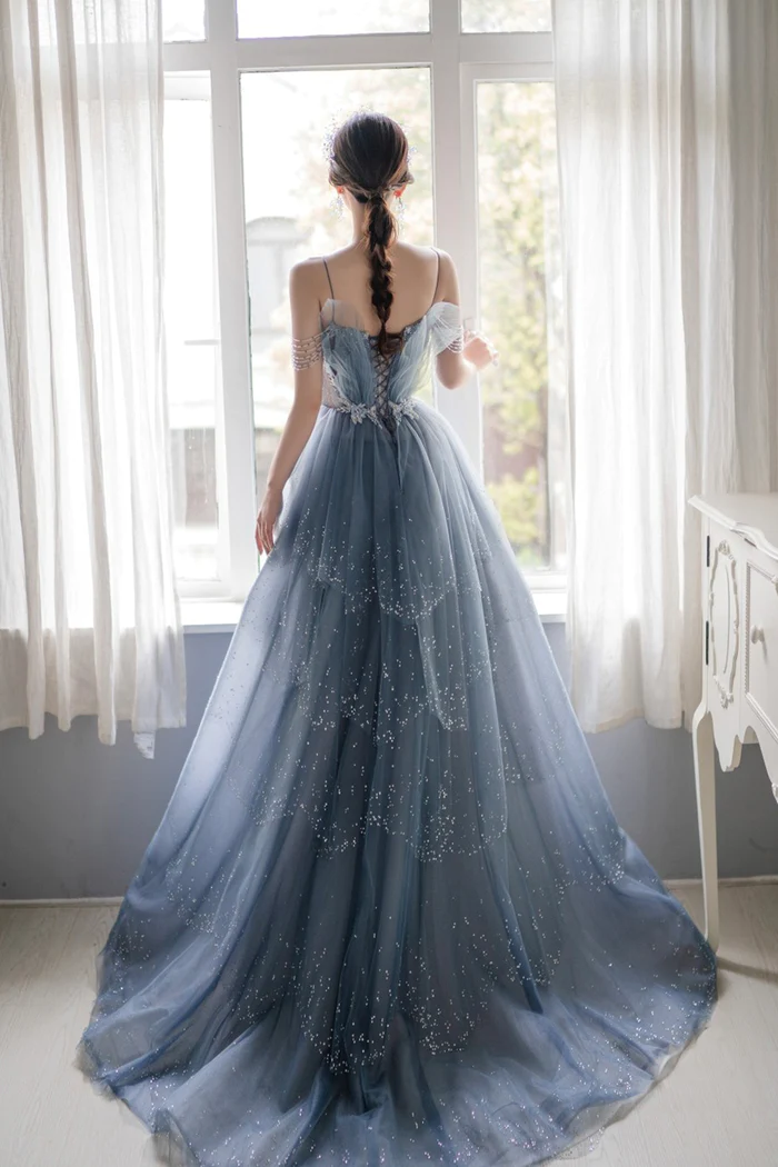 Blaues, perlenbesetztes, langes A-Linien-Ballkleid aus Tüll, blaues Abendkleid Y1579