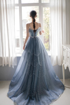 Blaues, perlenbesetztes, langes A-Linien-Ballkleid aus Tüll, blaues Abendkleid Y1579