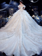 Vestido de novia romántico blanco con hombros descubiertos y cola larga Y6878