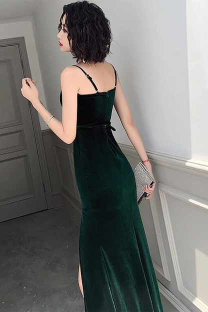Vestidos de fiesta largos de terciopelo verde oscuro con escote en V, sencillos, vestidos de noche formales de terciopelo verde oscuro Y2926