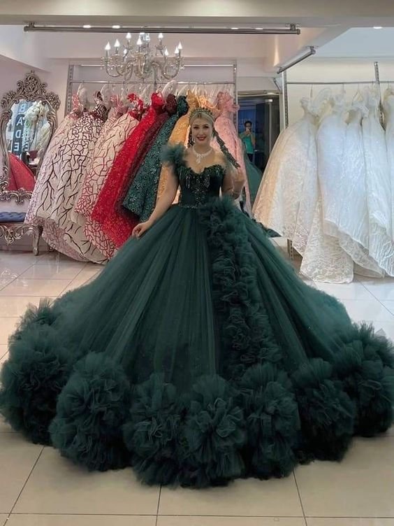 Lujoso vestido de fiesta de tul verde, vestido de quinceañera Y6576