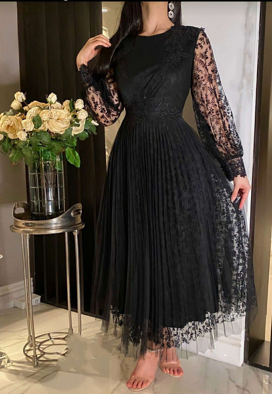 Elegante vestido de noche negro de corte A, vestido formal negro Y5730