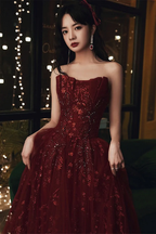 Weinrote Blumenspitze und Tüll Langes Abendkleid Partykleid Burgunderrot Abendkleider Y1661