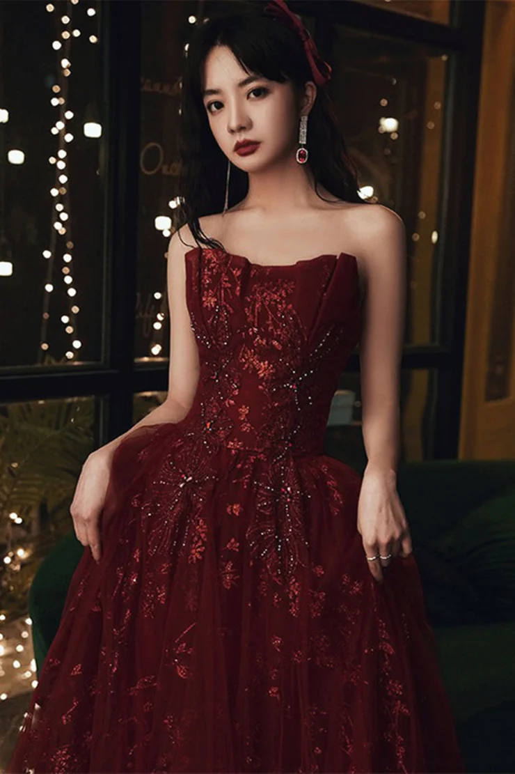Weinrote Blumenspitze und Tüll Langes Abendkleid Partykleid Burgunderrot Abendkleider Y1661