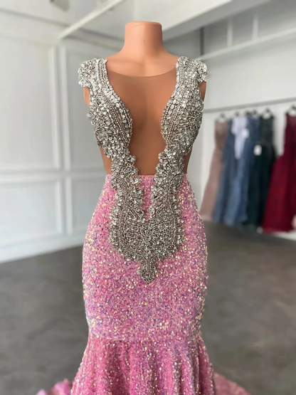 Vestidos de fiesta rosas brillantes, sexy vestido de noche rosa sirena con lentejuelas Y477