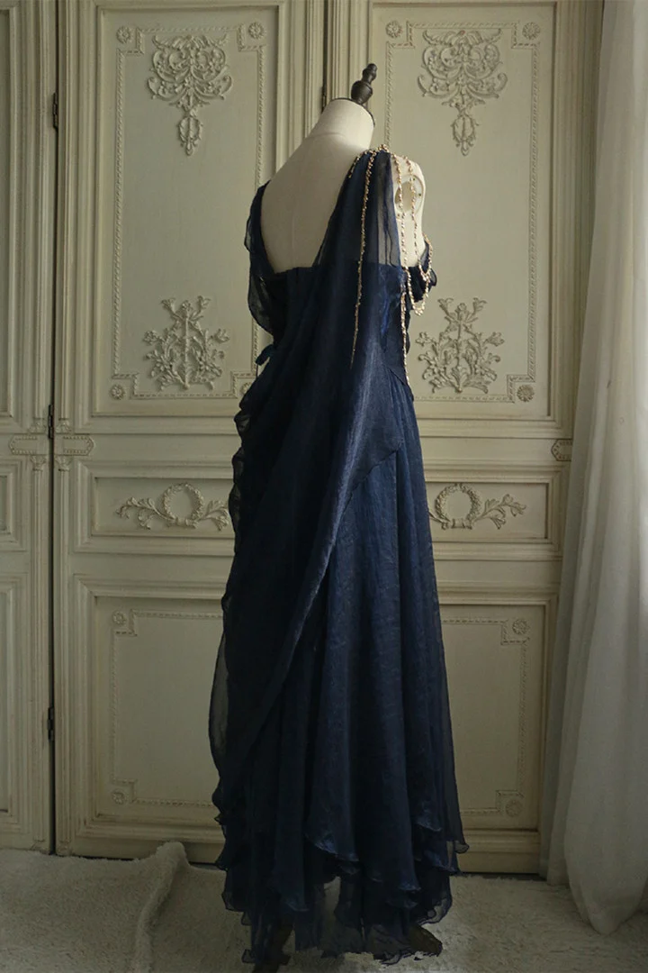 Vintage Marineblau Chiffon A-Linie Ballkleid Abendkleid Y8292