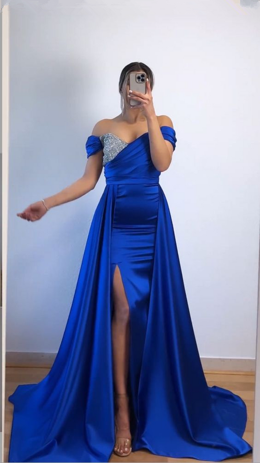 Vestido de noche azul rey con hombros descubiertos y abertura en el bajo, vestido de desfile Y6005