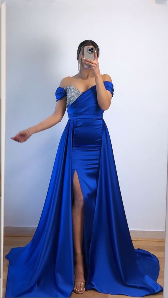 Schulterfreies Abendkleid in Königsblau mit Schlitz, Festkleid Y6005