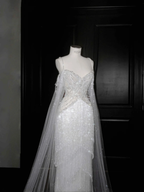 Vestido de noche de lujo de tul blanco con cuentas de perlas y borlas, vestido de fiesta, vestido de novia con hombros descubiertos Y8662