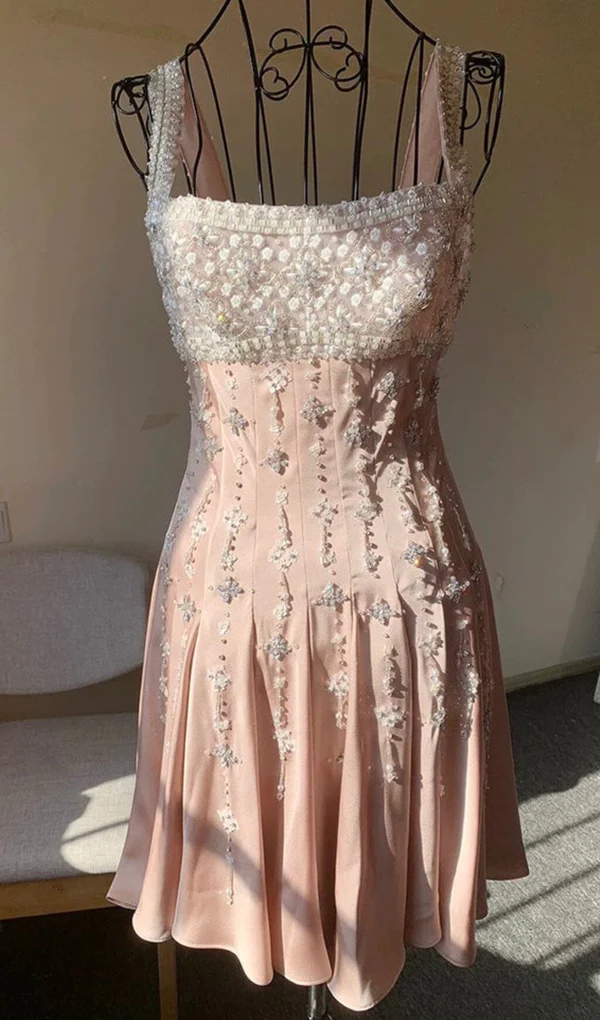 Vestido de fiesta de satén color nude de lujo con cuentas de diamantes hechas a mano Y4542